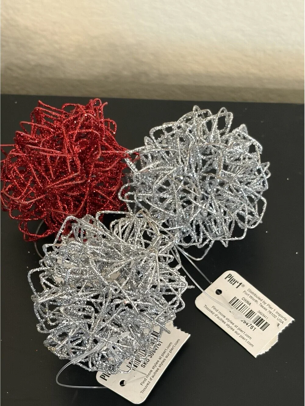 Pier 1 VTG Glitter Ball Wire Ornaments Set Of 3 1Red 2 Silver Tags Hang Or Sit